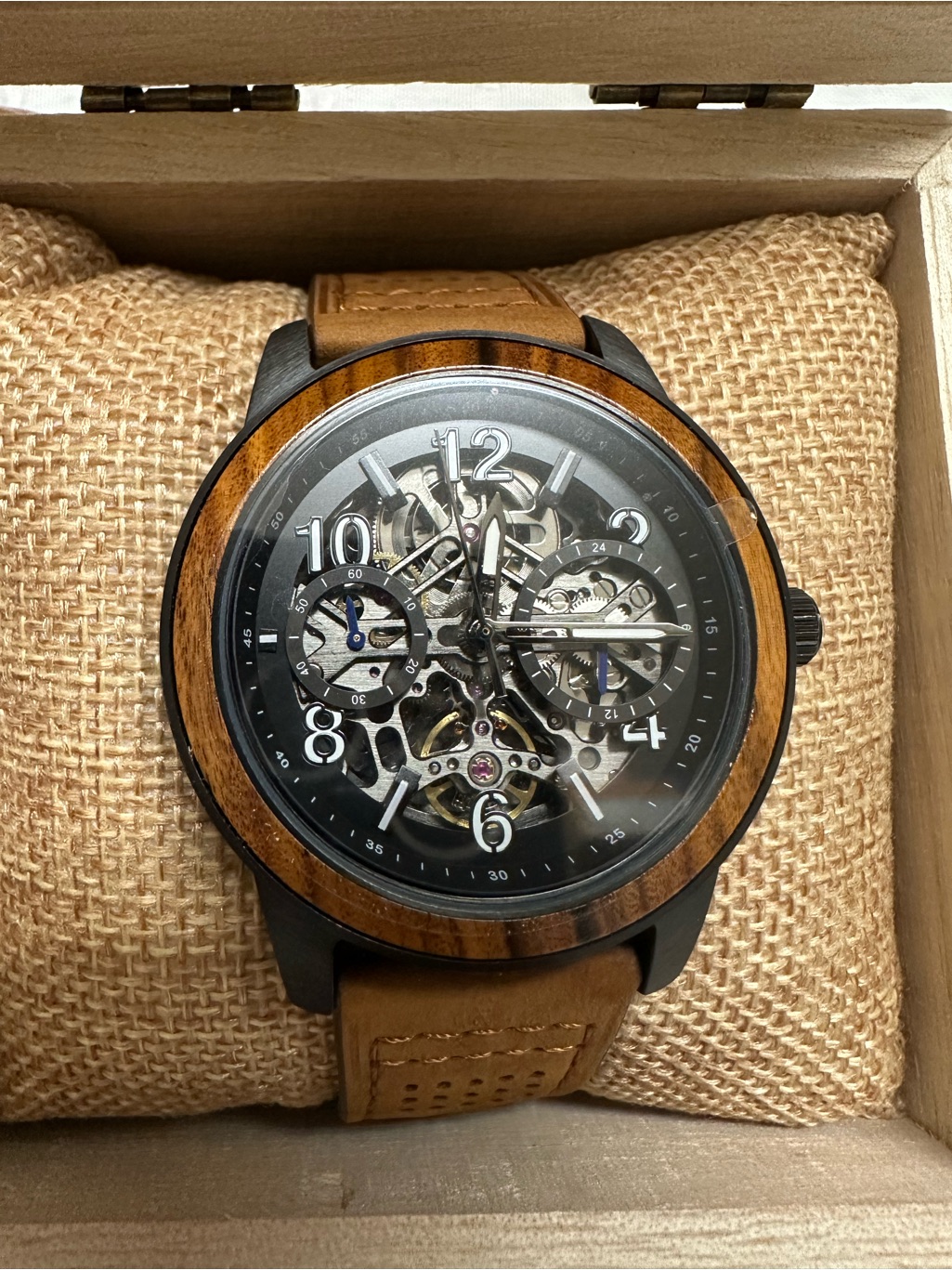 Avant Wood Automatic Men's Skeleton Dial Watch With Brown Leather Strap